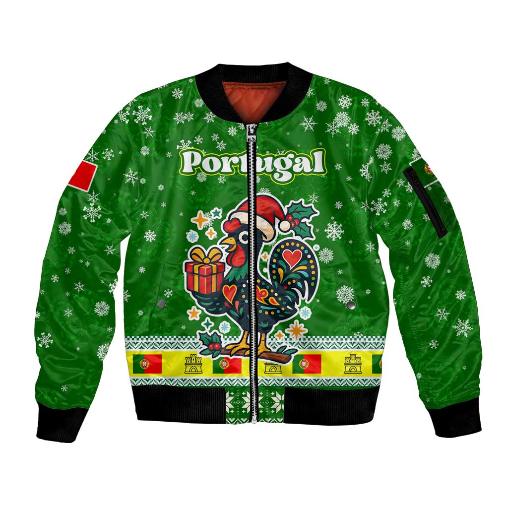 Portugal Christmas Sleeve Zip Bomber Jacket with Green Galo de Barcelos Rooster Santa Hat and Gift - Wonder Print Shop