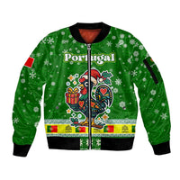 Portugal Christmas Sleeve Zip Bomber Jacket with Green Galo de Barcelos Rooster Santa Hat and Gift - Wonder Print Shop