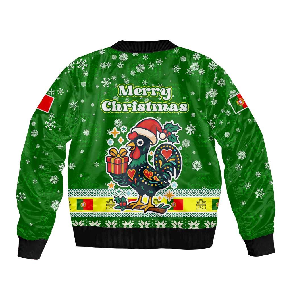 Portugal Christmas Sleeve Zip Bomber Jacket with Green Galo de Barcelos Rooster Santa Hat and Gift - Wonder Print Shop
