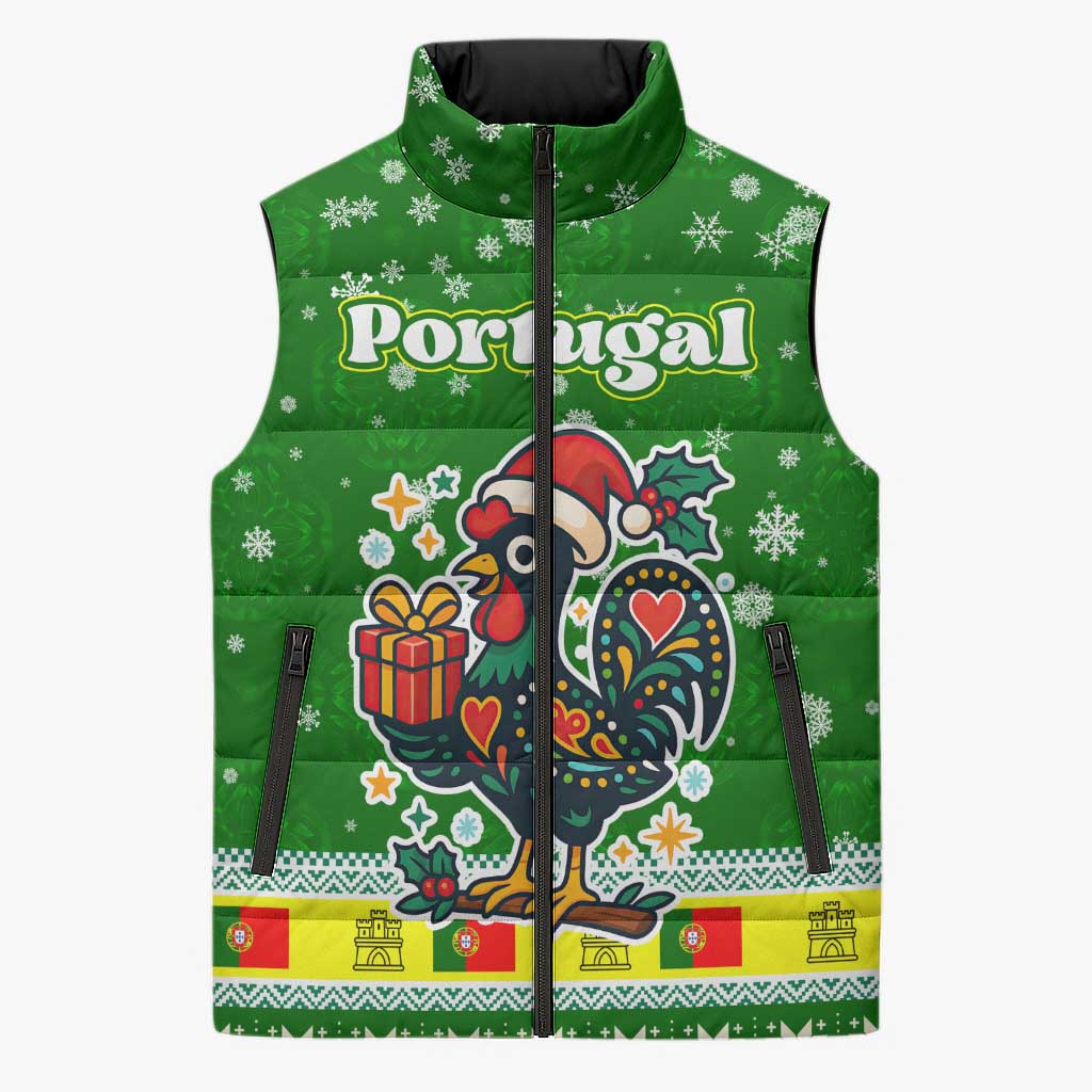 Portugal Christmas Sleeveless Puffer Jacket with Green Galo de Barcelos Rooster Santa Hat and Gift - Wonder Print Shop