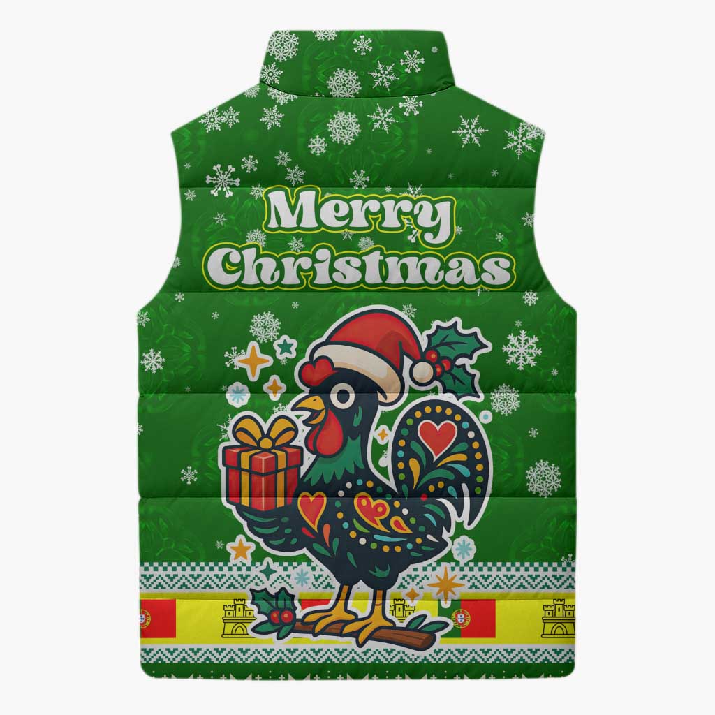 Portugal Christmas Sleeveless Puffer Jacket with Green Galo de Barcelos Rooster Santa Hat and Gift - Wonder Print Shop