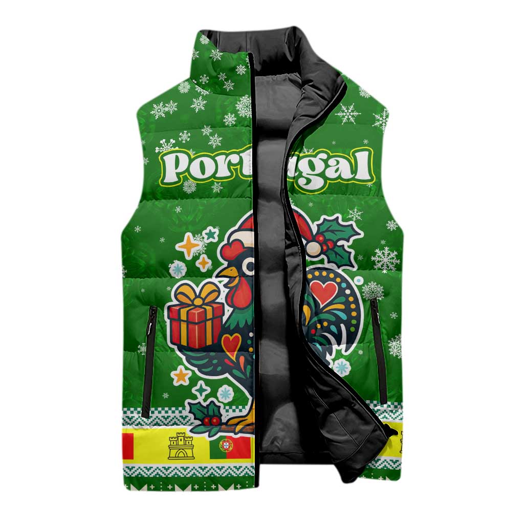 Portugal Christmas Sleeveless Puffer Jacket with Green Galo de Barcelos Rooster Santa Hat and Gift - Wonder Print Shop