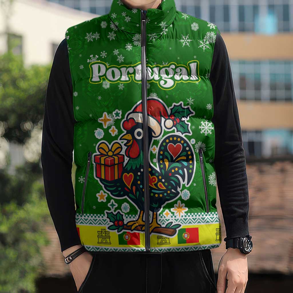 Portugal Christmas Sleeveless Puffer Jacket with Green Galo de Barcelos Rooster Santa Hat and Gift - Wonder Print Shop