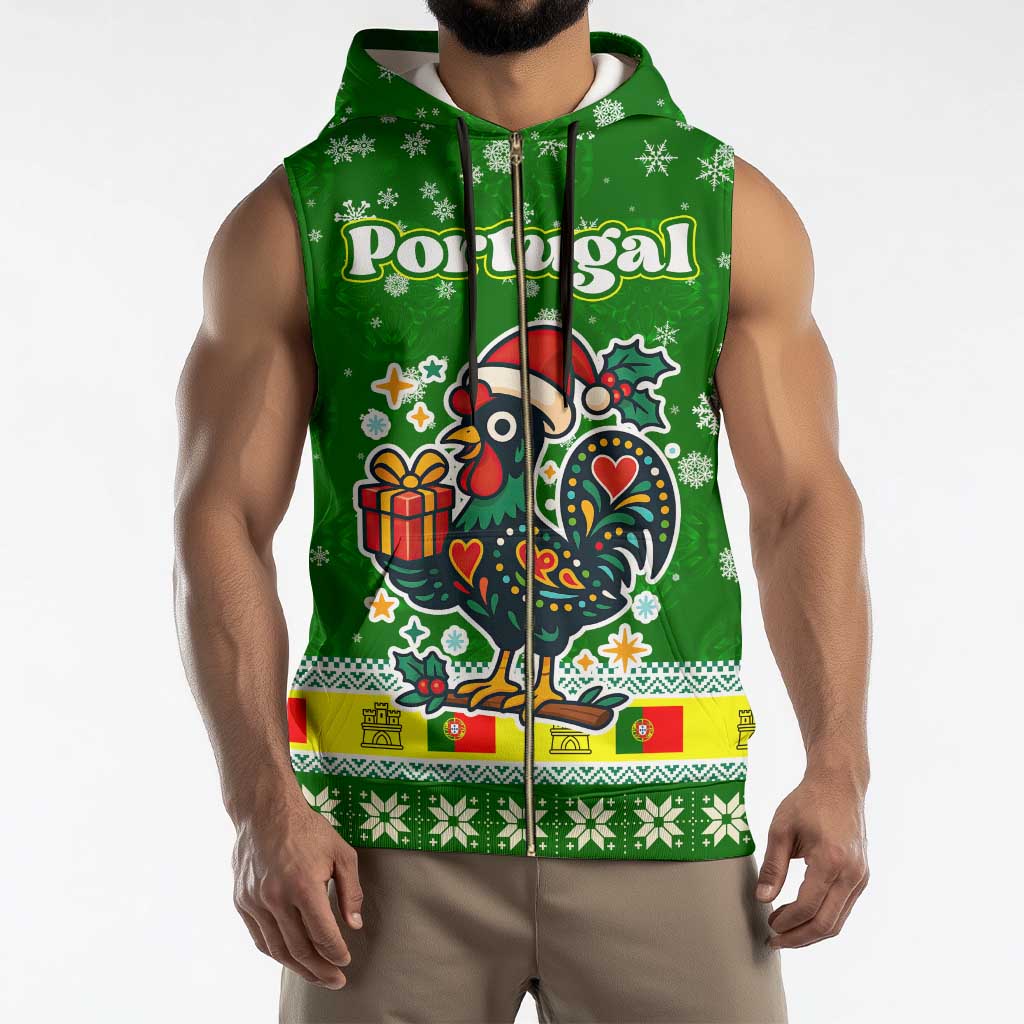 Portugal Christmas Sleeveless Zip Hoodie with Green Galo de Barcelos Rooster Santa Hat and Gift - Wonder Print Shop