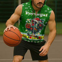 Portugal Christmas Sleeveless Zip Hoodie with Green Galo de Barcelos Rooster Santa Hat and Gift - Wonder Print Shop