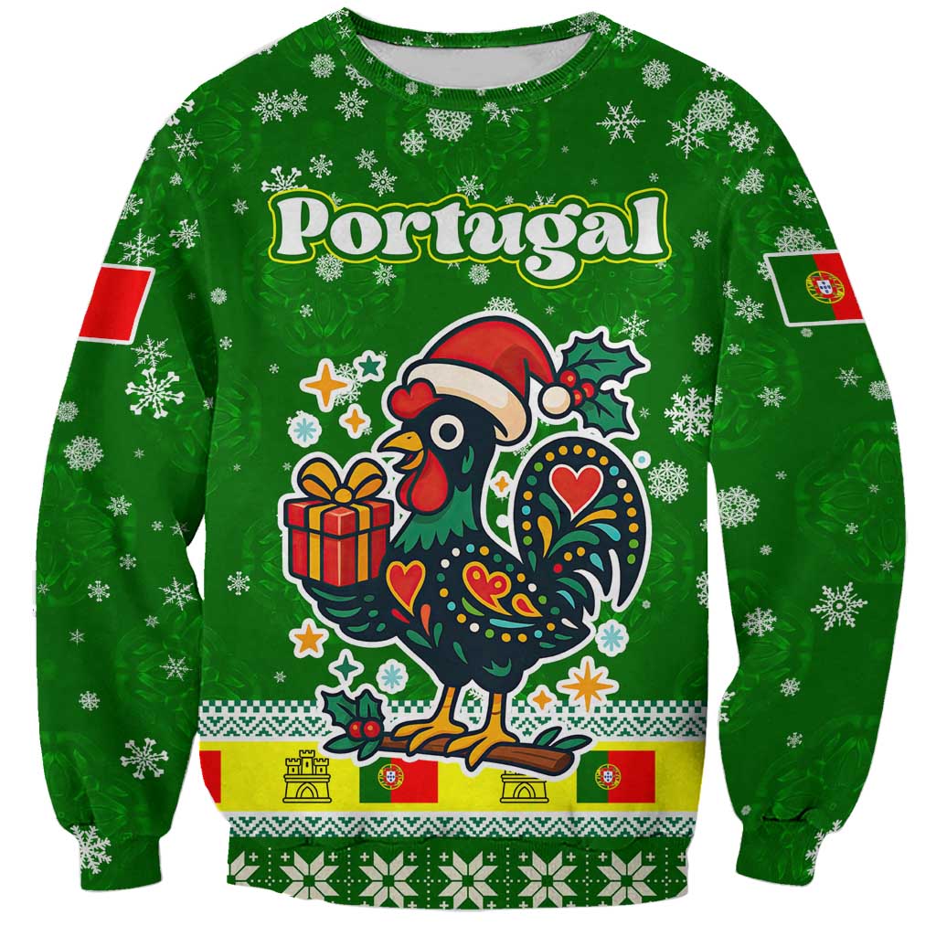 Portugal Christmas Sweatshirt with Green Galo de Barcelos Rooster Santa Hat and Gift - Wonder Print Shop