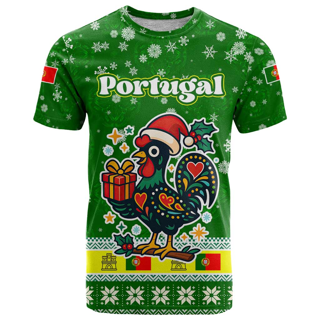 Portugal Christmas T Shirt with Green Galo de Barcelos Rooster Santa Hat and Gift - Wonder Print Shop