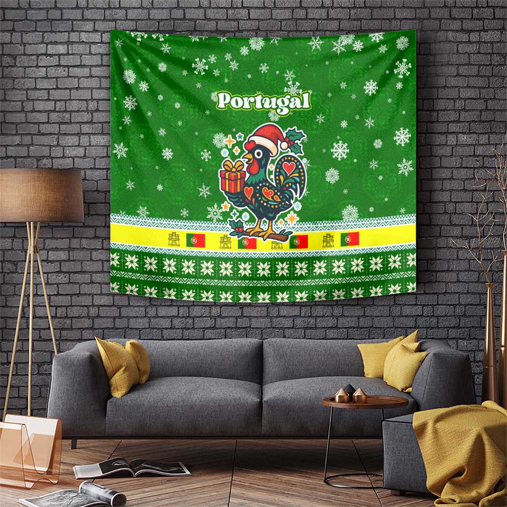 Portugal Christmas Tapestry with Green Galo de Barcelos Rooster Santa Hat and Gift - Wonder Print Shop
