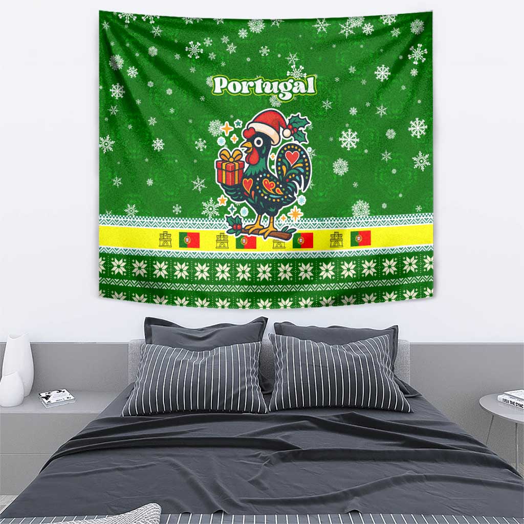 Portugal Christmas Tapestry with Green Galo de Barcelos Rooster Santa Hat and Gift - Wonder Print Shop