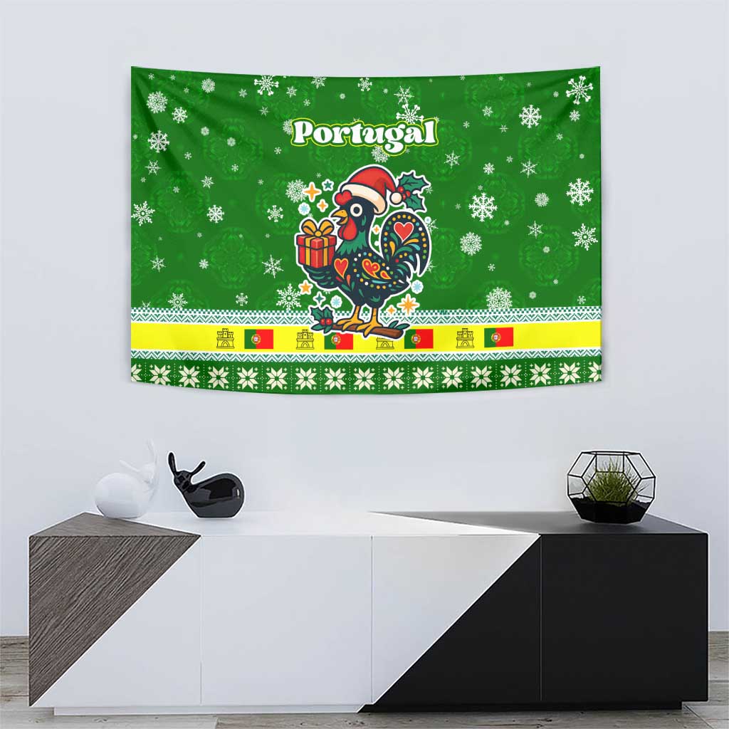 Portugal Christmas Tapestry with Green Galo de Barcelos Rooster Santa Hat and Gift - Wonder Print Shop