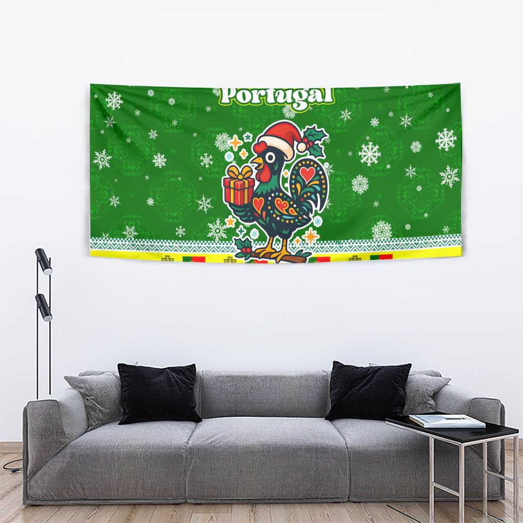 Portugal Christmas Tapestry with Green Galo de Barcelos Rooster Santa Hat and Gift - Wonder Print Shop