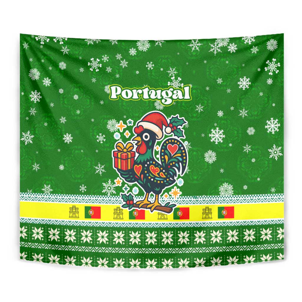 Portugal Christmas Tapestry with Green Galo de Barcelos Rooster Santa Hat and Gift - Wonder Print Shop