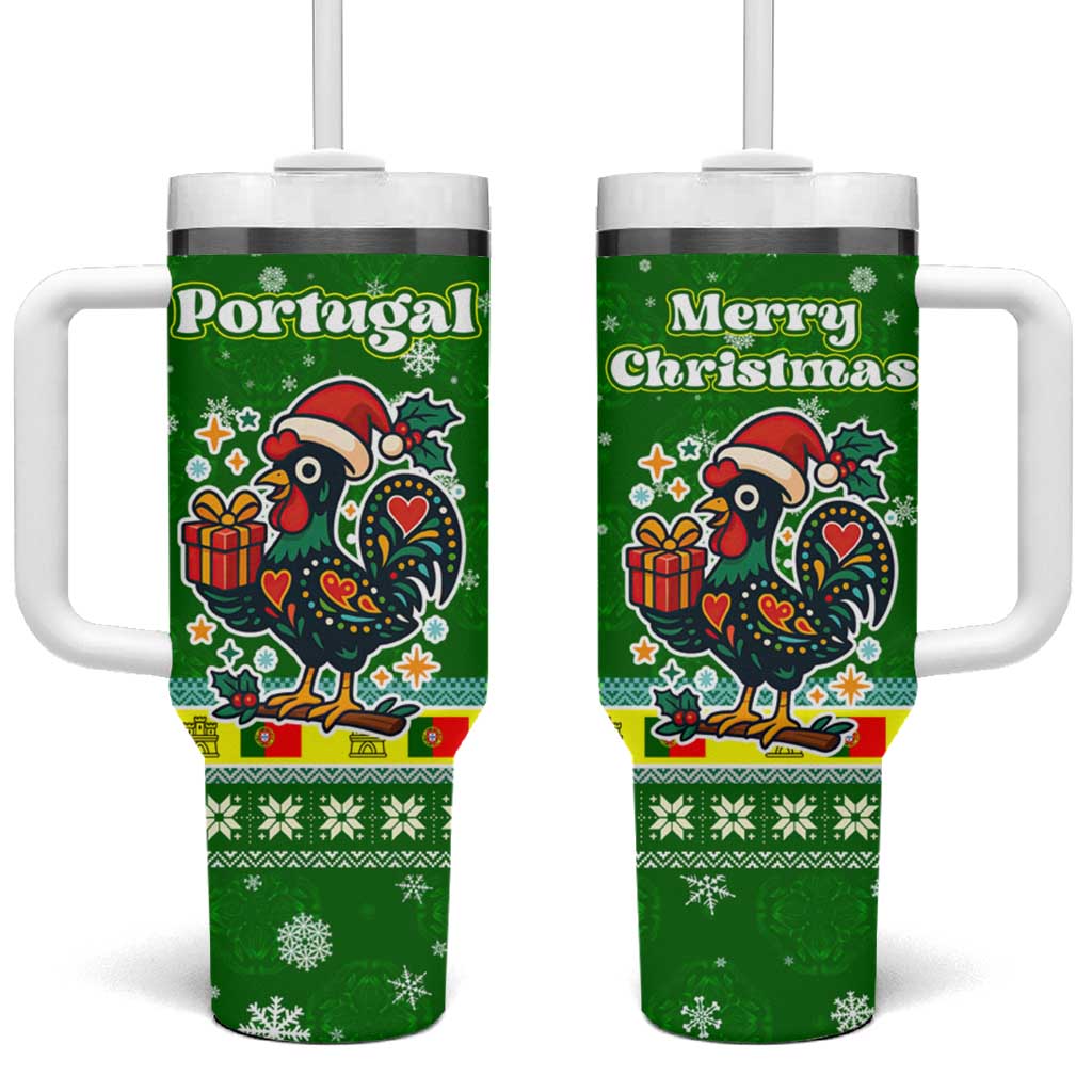 Portugal Christmas Tumbler With Handle with Green Galo de Barcelos Rooster Santa Hat and Gift - Wonder Print Shop