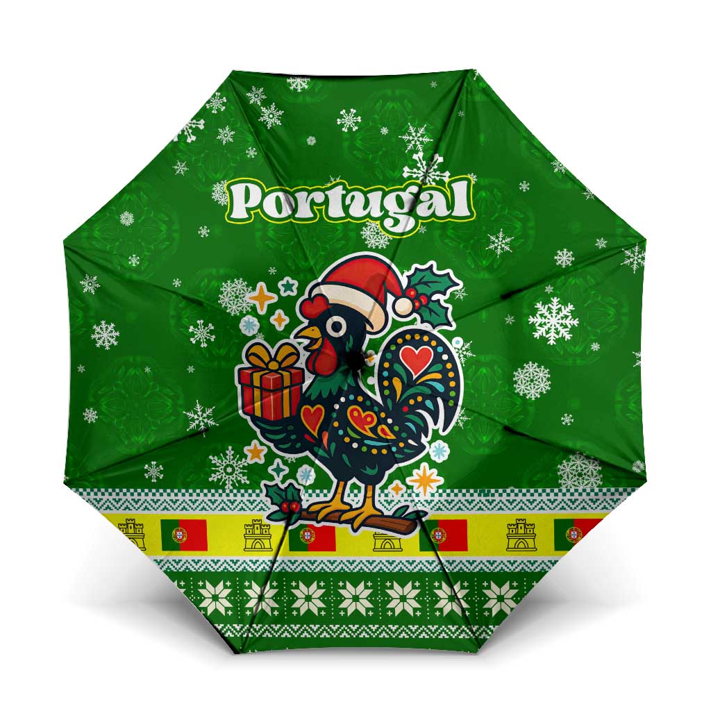 Portugal Christmas Umbrella with Green Galo de Barcelos Rooster Santa Hat and Gift - Wonder Print Shop