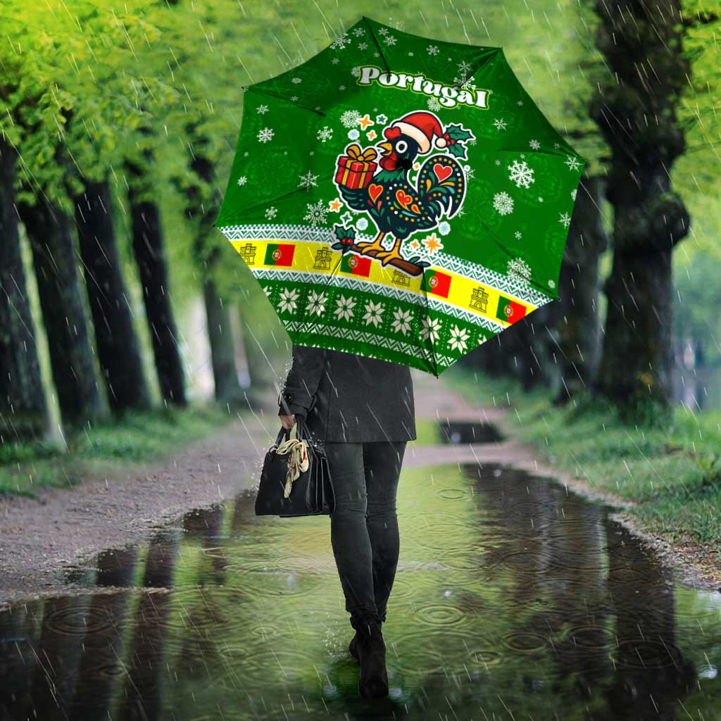 Portugal Christmas Umbrella with Green Galo de Barcelos Rooster Santa Hat and Gift - Wonder Print Shop