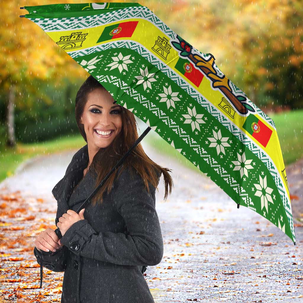 Portugal Christmas Umbrella with Green Galo de Barcelos Rooster Santa Hat and Gift - Wonder Print Shop