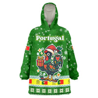 Portugal Christmas Wearable Blanket Hoodie with Green Galo de Barcelos Rooster Santa Hat and Gift - Wonder Print Shop