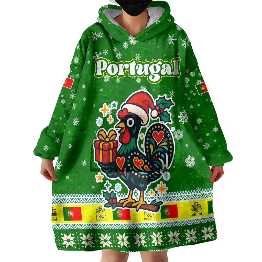 Portugal Christmas Wearable Blanket Hoodie with Green Galo de Barcelos Rooster Santa Hat and Gift - Wonder Print Shop