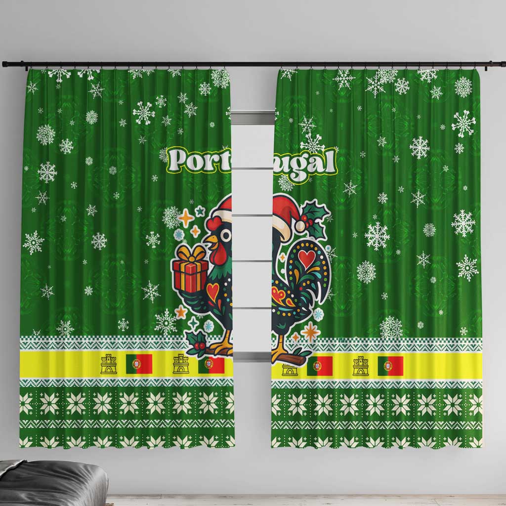Portugal Christmas Window Curtain with Green Galo de Barcelos Rooster Santa Hat and Gift - Wonder Print Shop