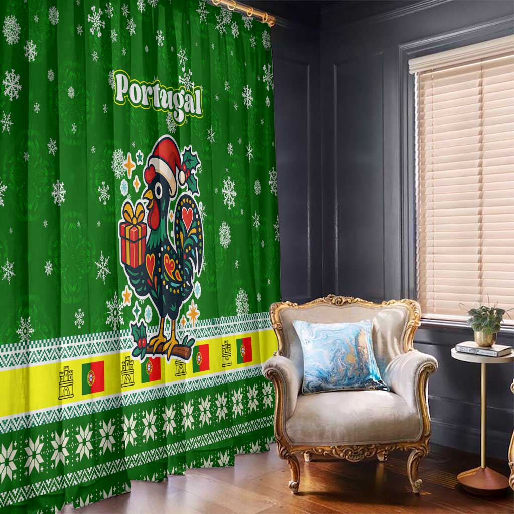 Portugal Christmas Window Curtain with Green Galo de Barcelos Rooster Santa Hat and Gift - Wonder Print Shop