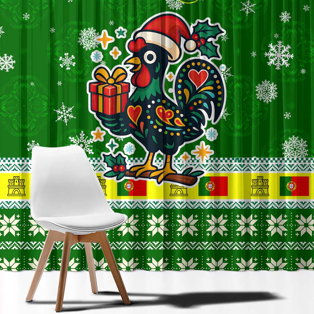 Portugal Christmas Window Curtain with Green Galo de Barcelos Rooster Santa Hat and Gift - Wonder Print Shop
