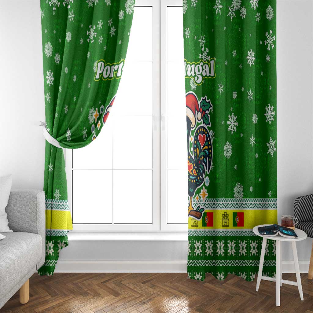 Portugal Christmas Window Curtain with Green Galo de Barcelos Rooster Santa Hat and Gift - Wonder Print Shop