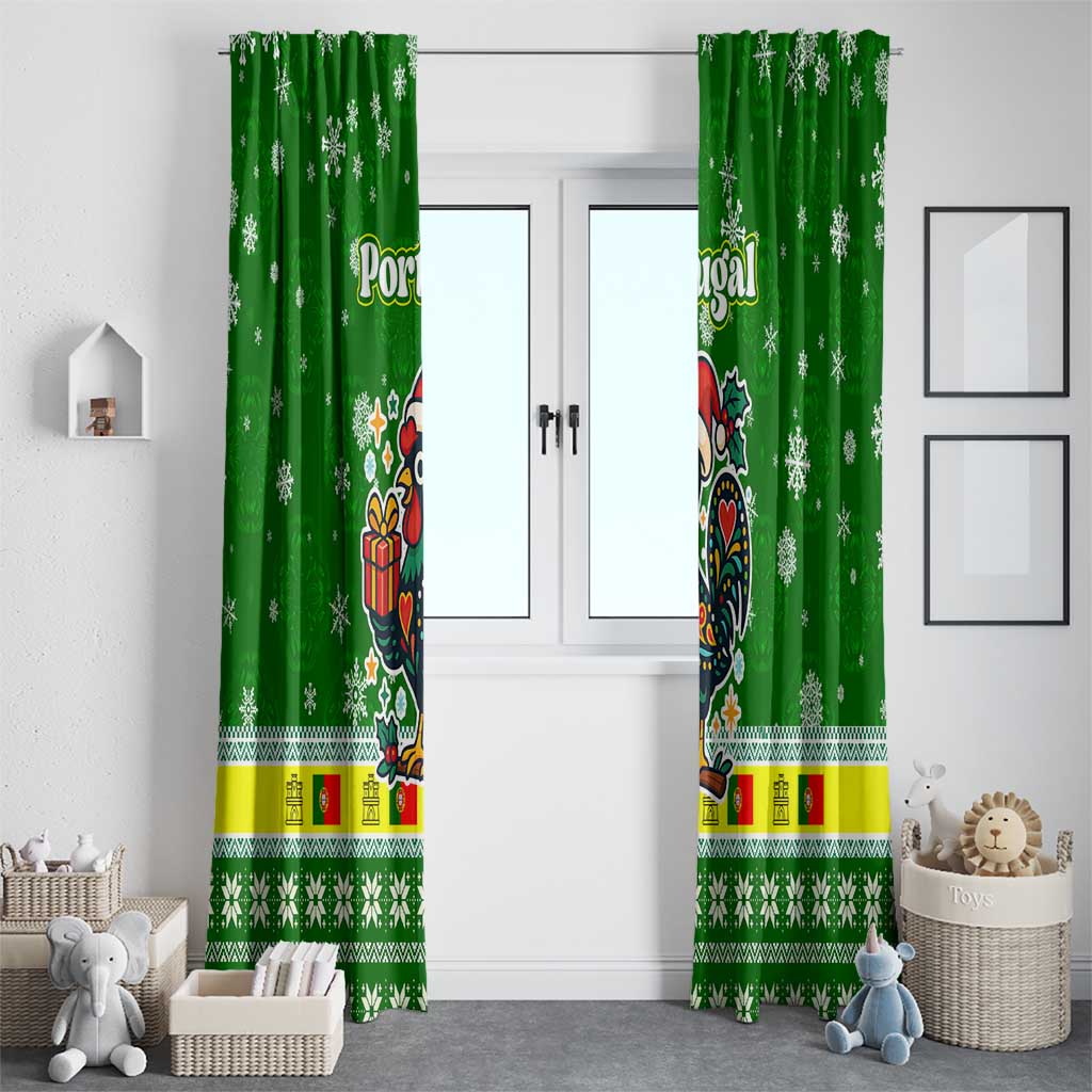 Portugal Christmas Window Curtain with Green Galo de Barcelos Rooster Santa Hat and Gift - Wonder Print Shop