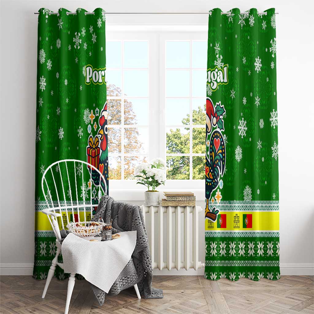 Portugal Christmas Window Curtain with Green Galo de Barcelos Rooster Santa Hat and Gift - Wonder Print Shop