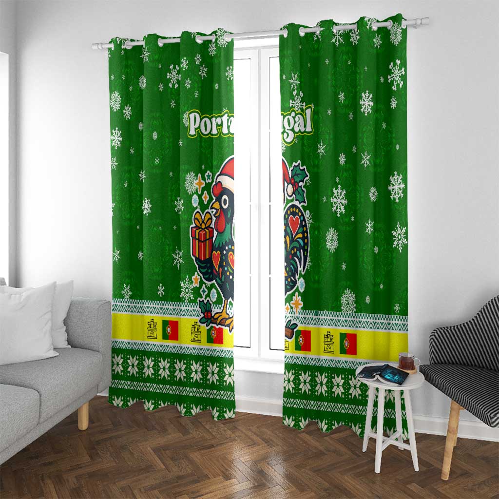 Portugal Christmas Window Curtain with Green Galo de Barcelos Rooster Santa Hat and Gift - Wonder Print Shop