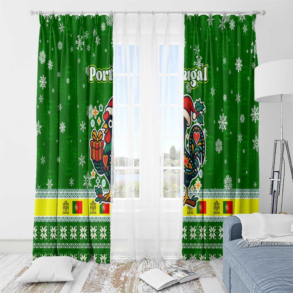 Portugal Christmas Window Curtain with Green Galo de Barcelos Rooster Santa Hat and Gift - Wonder Print Shop