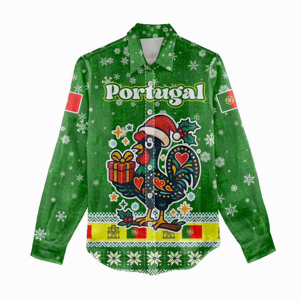 Portugal Christmas Women Casual Shirt with Green Galo de Barcelos Rooster Santa Hat and Gift - Wonder Print Shop