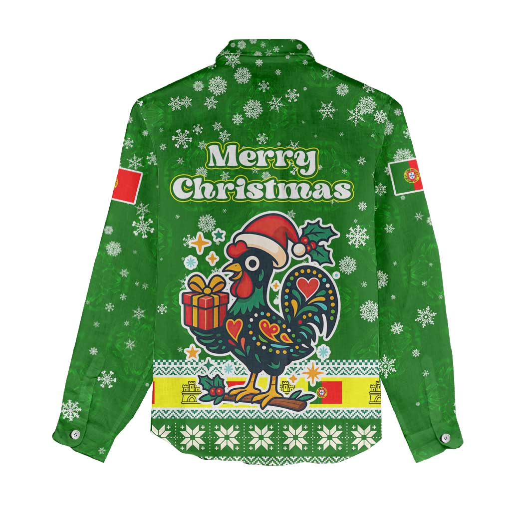 Portugal Christmas Women Casual Shirt with Green Galo de Barcelos Rooster Santa Hat and Gift - Wonder Print Shop