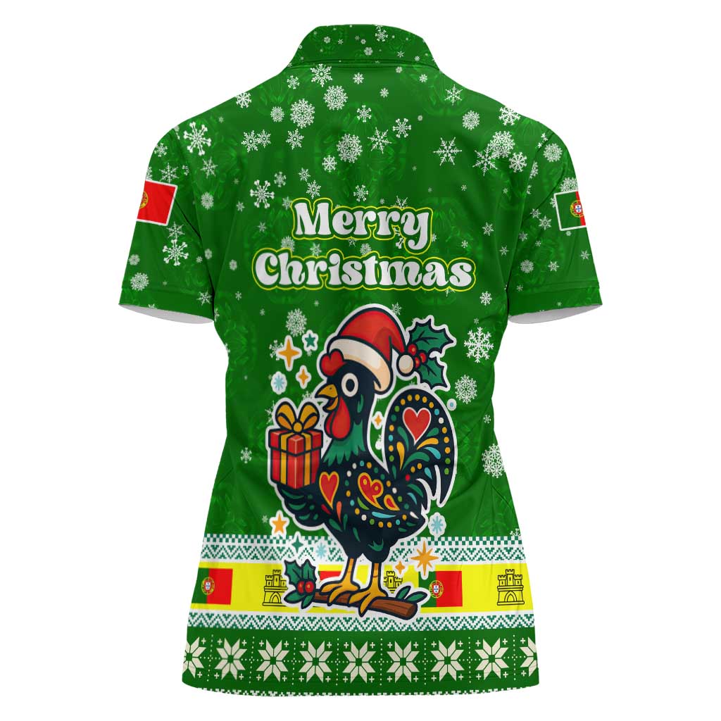 Portugal Christmas Women Polo Shirt with Green Galo de Barcelos Rooster Santa Hat and Gift - Wonder Print Shop