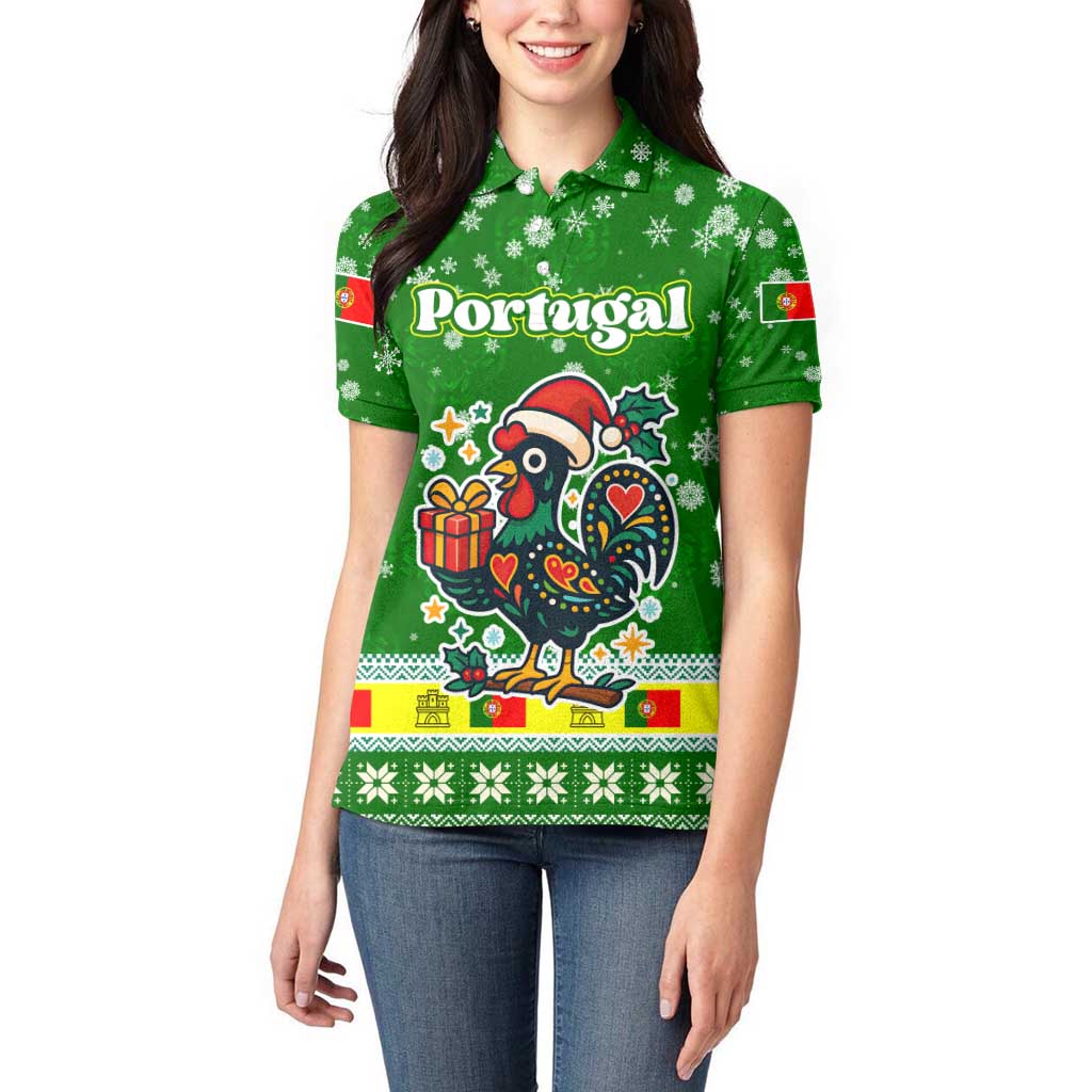 Portugal Christmas Women Polo Shirt with Green Galo de Barcelos Rooster Santa Hat and Gift - Wonder Print Shop