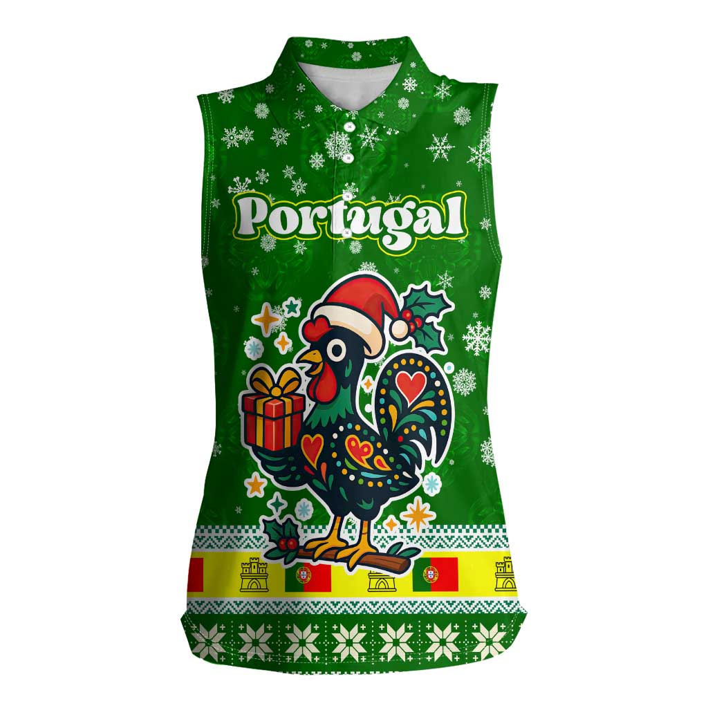 Portugal Christmas Women Sleeveless Polo Shirt with Green Galo de Barcelos Rooster Santa Hat and Gift - Wonder Print Shop