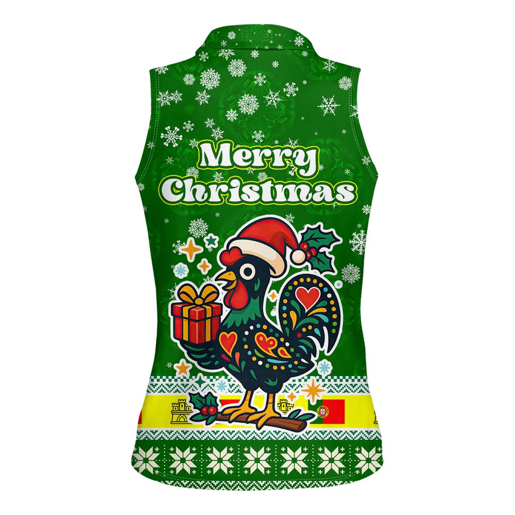 Portugal Christmas Women Sleeveless Polo Shirt with Green Galo de Barcelos Rooster Santa Hat and Gift - Wonder Print Shop