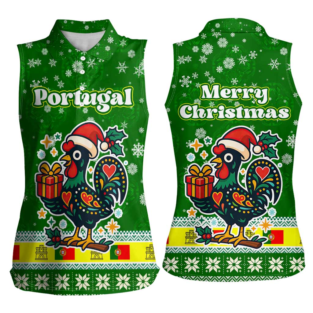 Portugal Christmas Women Sleeveless Polo Shirt with Green Galo de Barcelos Rooster Santa Hat and Gift - Wonder Print Shop