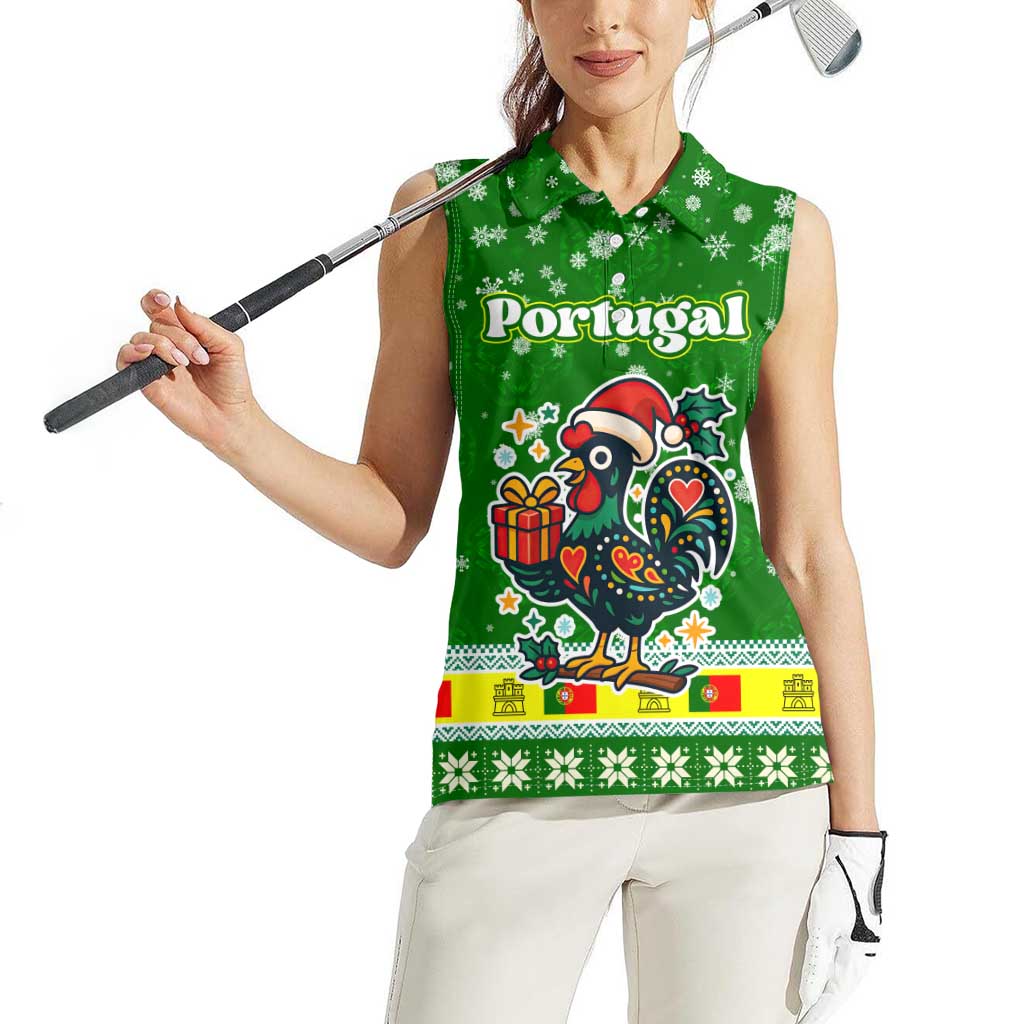 Portugal Christmas Women Sleeveless Polo Shirt with Green Galo de Barcelos Rooster Santa Hat and Gift - Wonder Print Shop