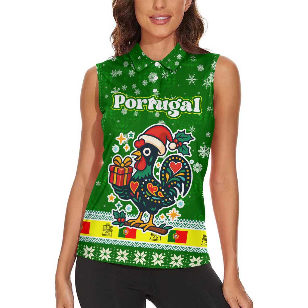 Portugal Christmas Women Sleeveless Polo Shirt with Green Galo de Barcelos Rooster Santa Hat and Gift - Wonder Print Shop