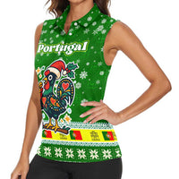 Portugal Christmas Women Sleeveless Polo Shirt with Green Galo de Barcelos Rooster Santa Hat and Gift - Wonder Print Shop