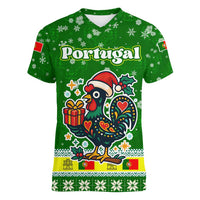 Portugal Christmas Women V-Neck T-Shirt with Green Galo de Barcelos Rooster Santa Hat and Gift - Wonder Print Shop