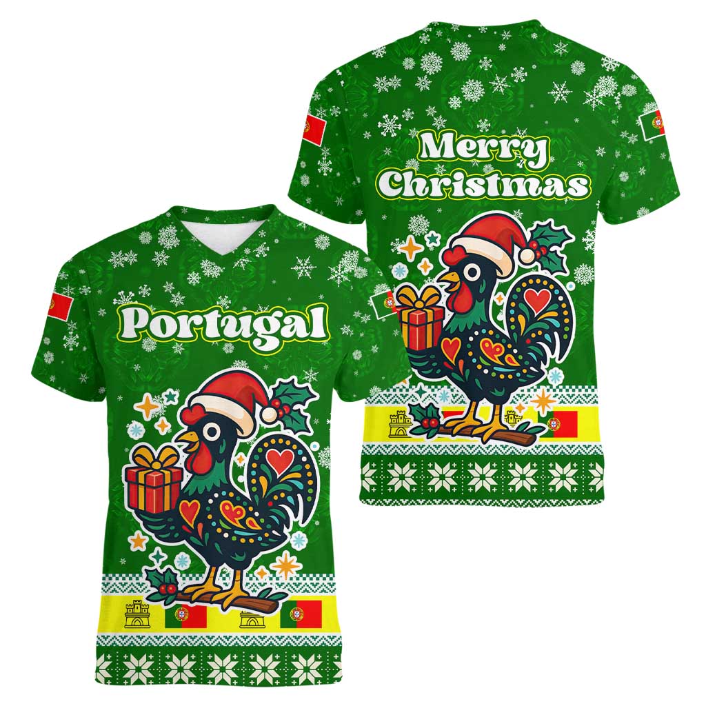 Portugal Christmas Women V-Neck T-Shirt with Green Galo de Barcelos Rooster Santa Hat and Gift - Wonder Print Shop