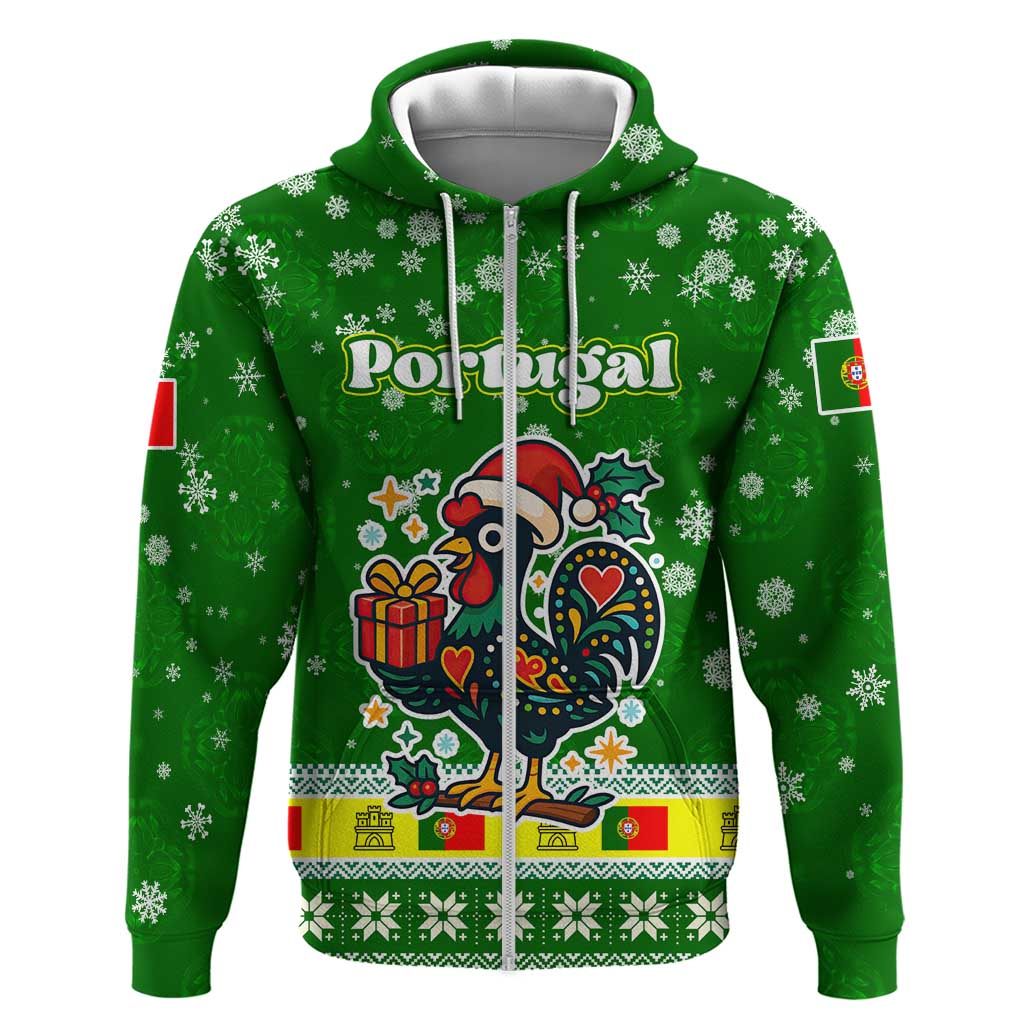 Portugal Christmas Zip Hoodie with Green Galo de Barcelos Rooster Santa Hat and Gift - Wonder Print Shop