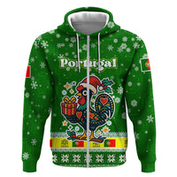 Portugal Christmas Zip Hoodie with Green Galo de Barcelos Rooster Santa Hat and Gift - Wonder Print Shop