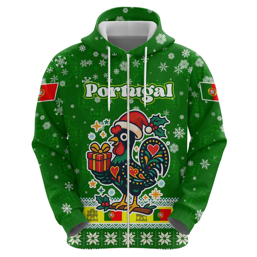 Portugal Christmas Zip Hoodie with Green Galo de Barcelos Rooster Santa Hat and Gift - Wonder Print Shop