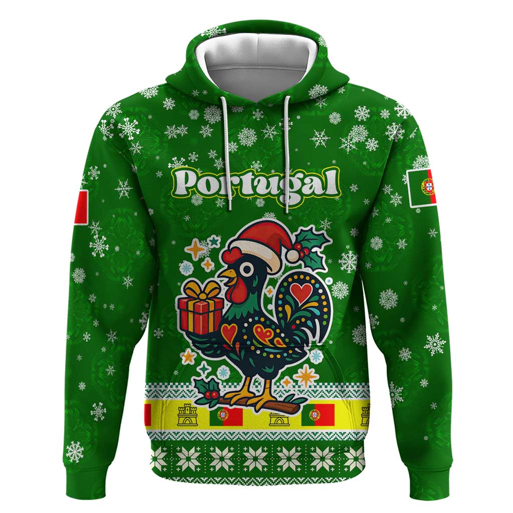 Portugal Christmas Zip Hoodie with Green Galo de Barcelos Rooster Santa Hat and Gift - Wonder Print Shop