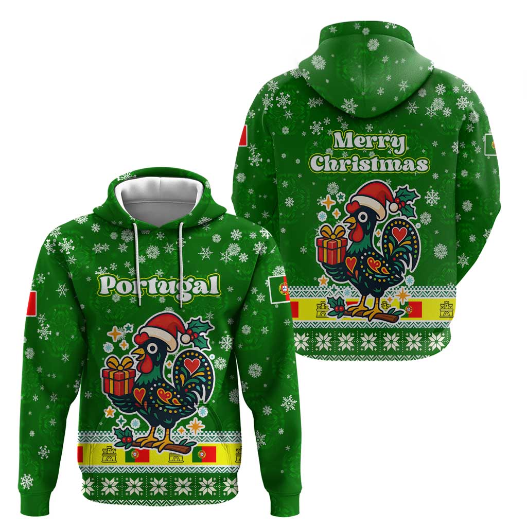 Portugal Christmas Zip Hoodie with Green Galo de Barcelos Rooster Santa Hat and Gift - Wonder Print Shop