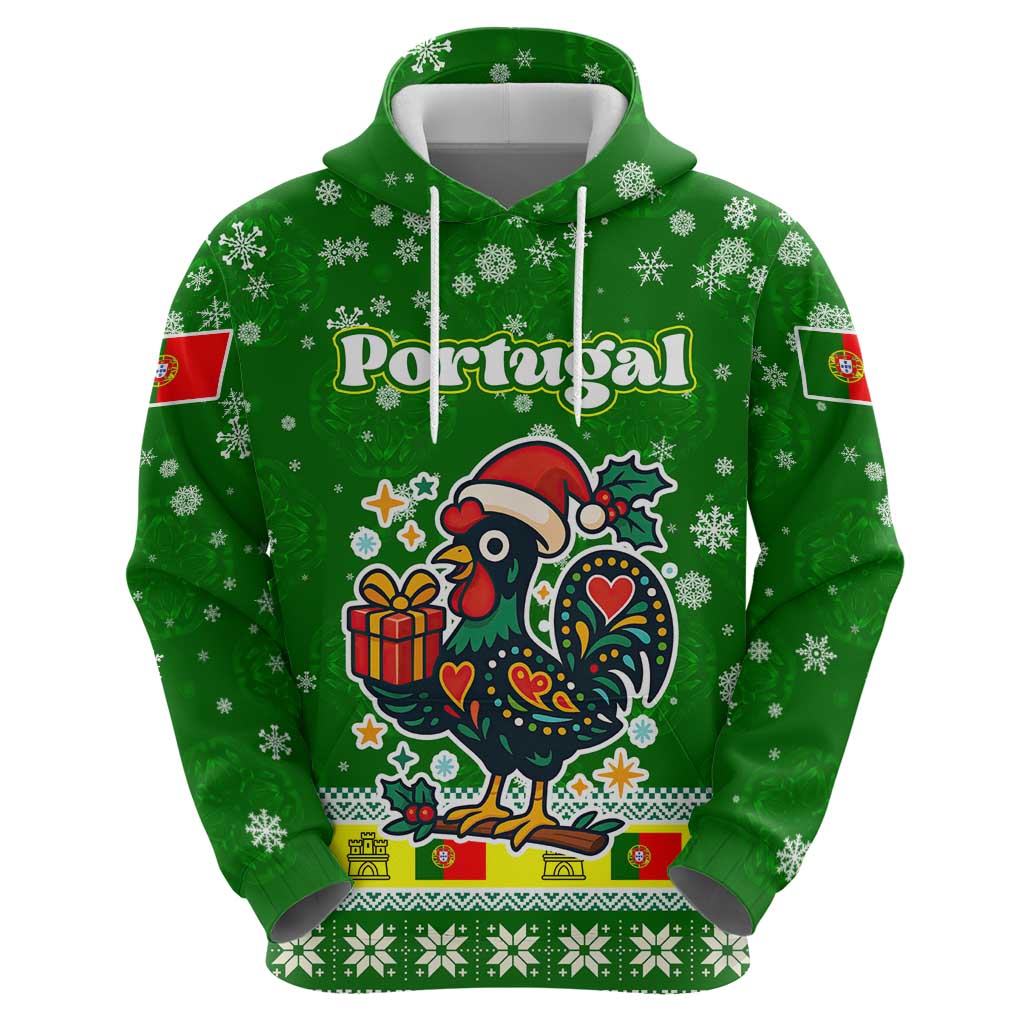 Portugal Christmas Zip Hoodie with Green Galo de Barcelos Rooster Santa Hat and Gift - Wonder Print Shop