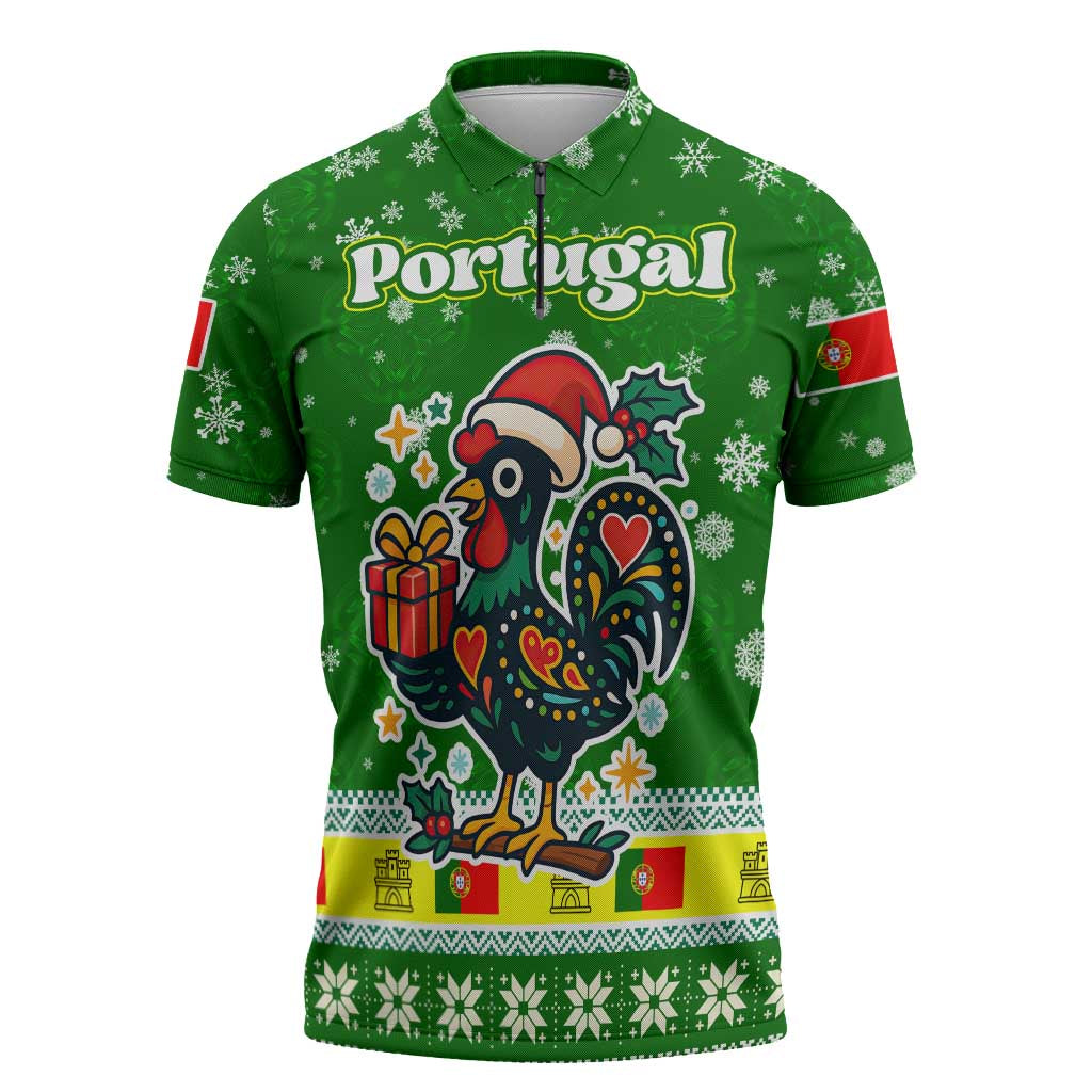 Portugal Christmas Zipper Polo Shirt with Green Galo de Barcelos Rooster Santa Hat and Gift - Wonder Print Shop
