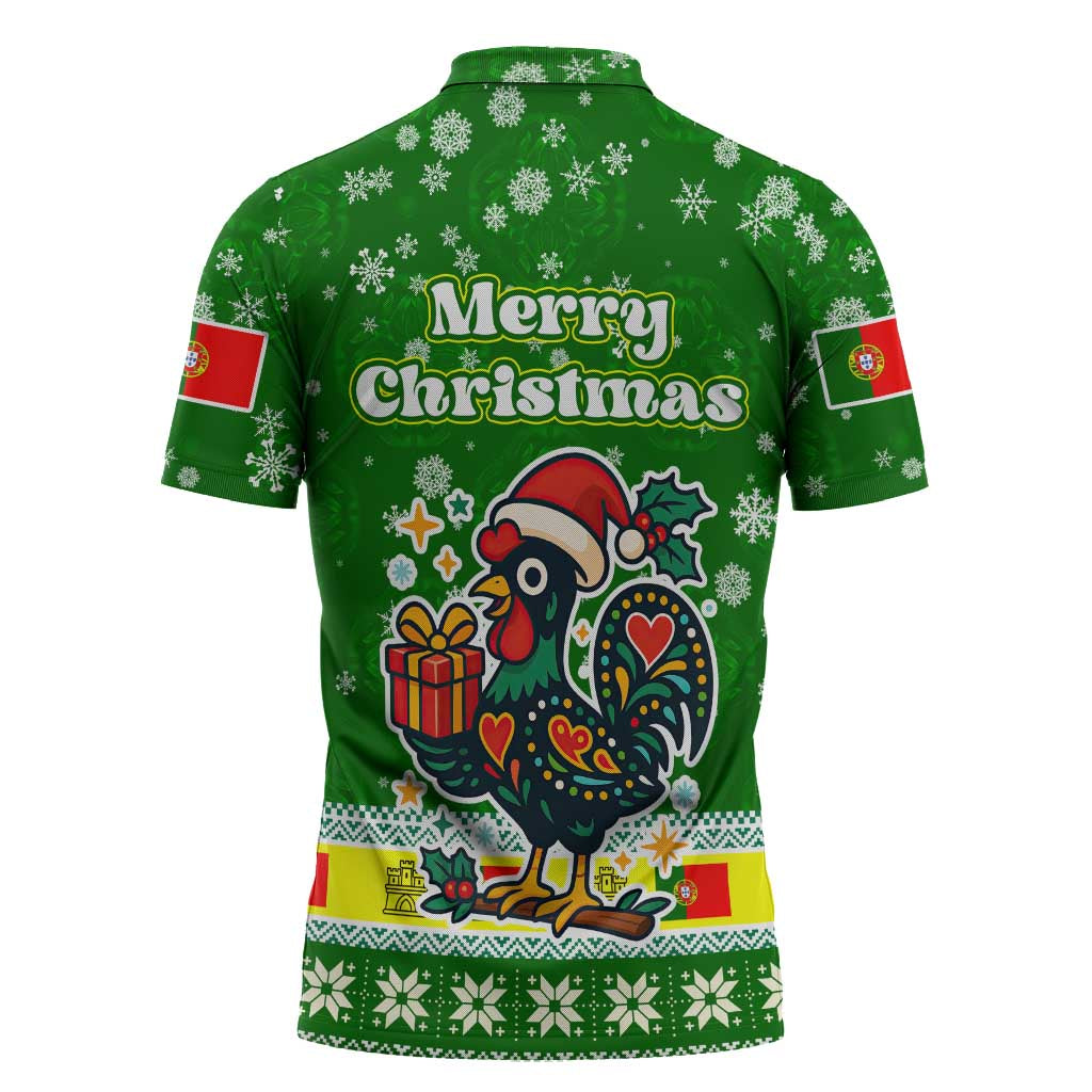 Portugal Christmas Zipper Polo Shirt with Green Galo de Barcelos Rooster Santa Hat and Gift - Wonder Print Shop